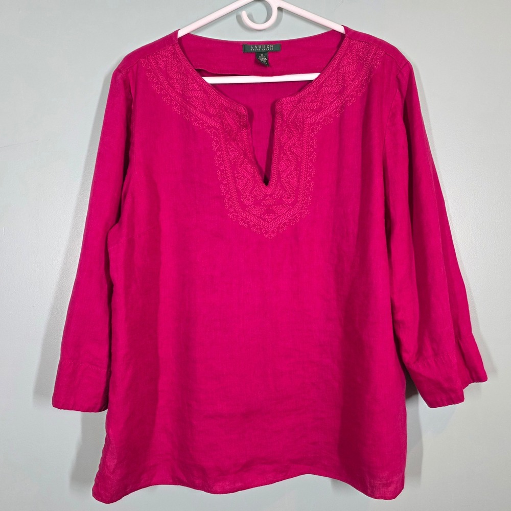 Lauren Ralph Lauren Magenta Pink 100% Linen Embroidered Split Neck Tunic Top XL